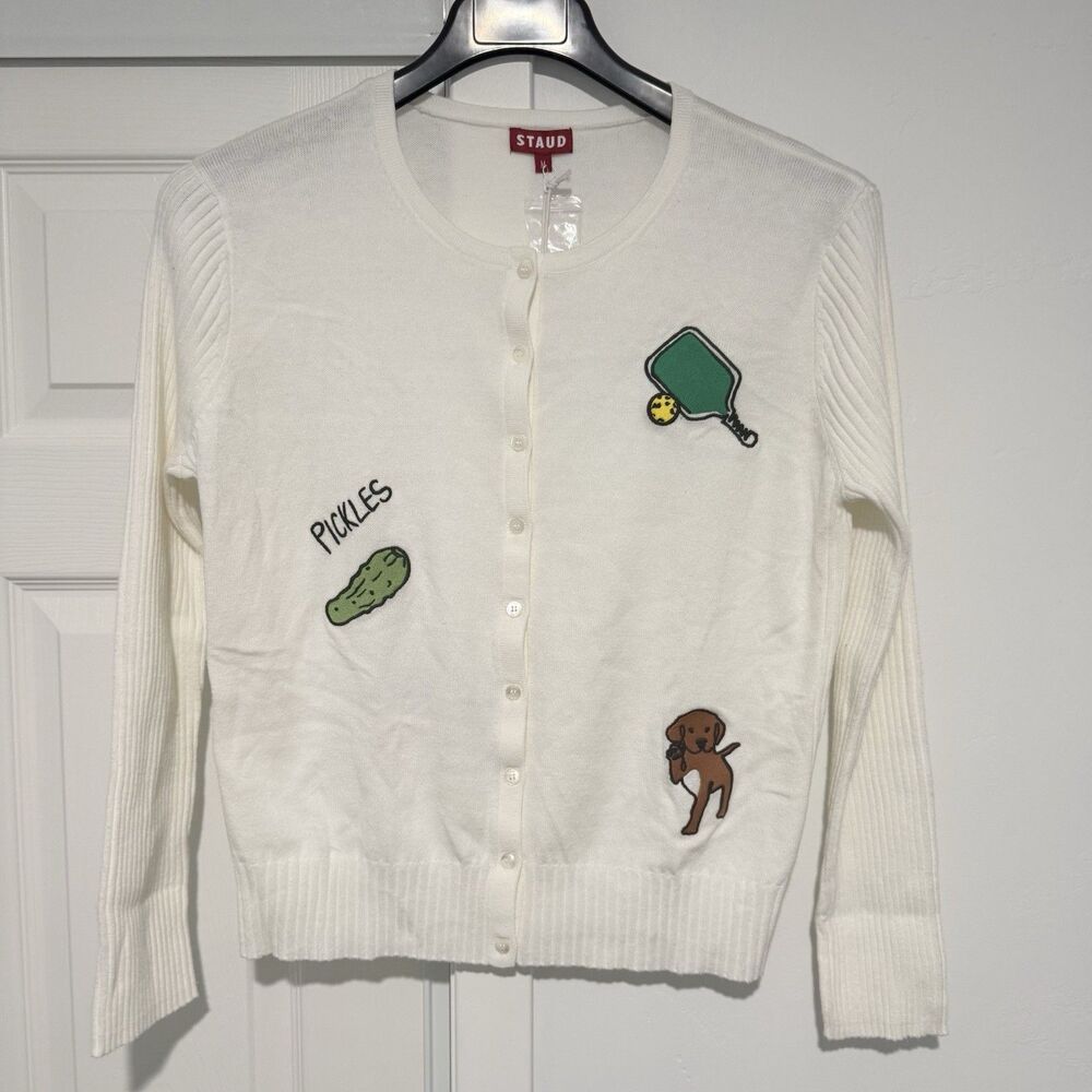 Staud Women’s Pickler Sweater Pickleball Graphic Embroidered Cardigan M NWT